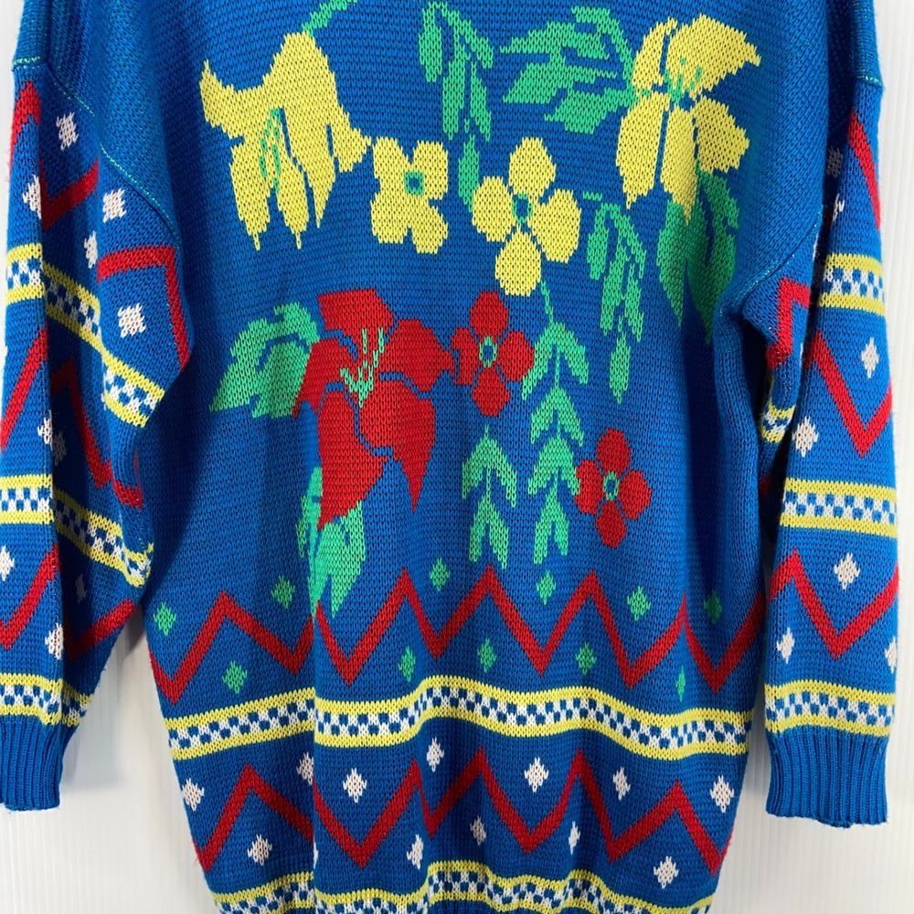 VTG 80s Keneth Too Blue Large Floral Long Sleeve Mock Neck Sweater Womens Medium - Picture 9 of 9